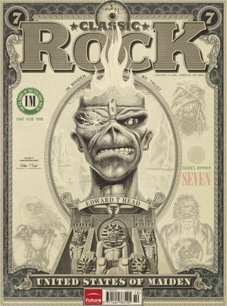 The cover of Classic Rock magazine issue 176 featuring Iron Maiden’s Eddie on a dollar bill