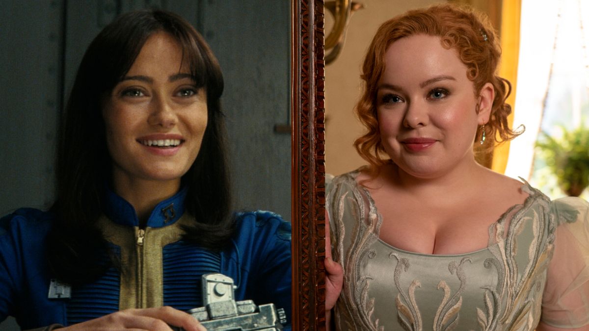 Ella Purnell in Fallout side by side with Nicola Coughlan in Bridgerton Season 3.