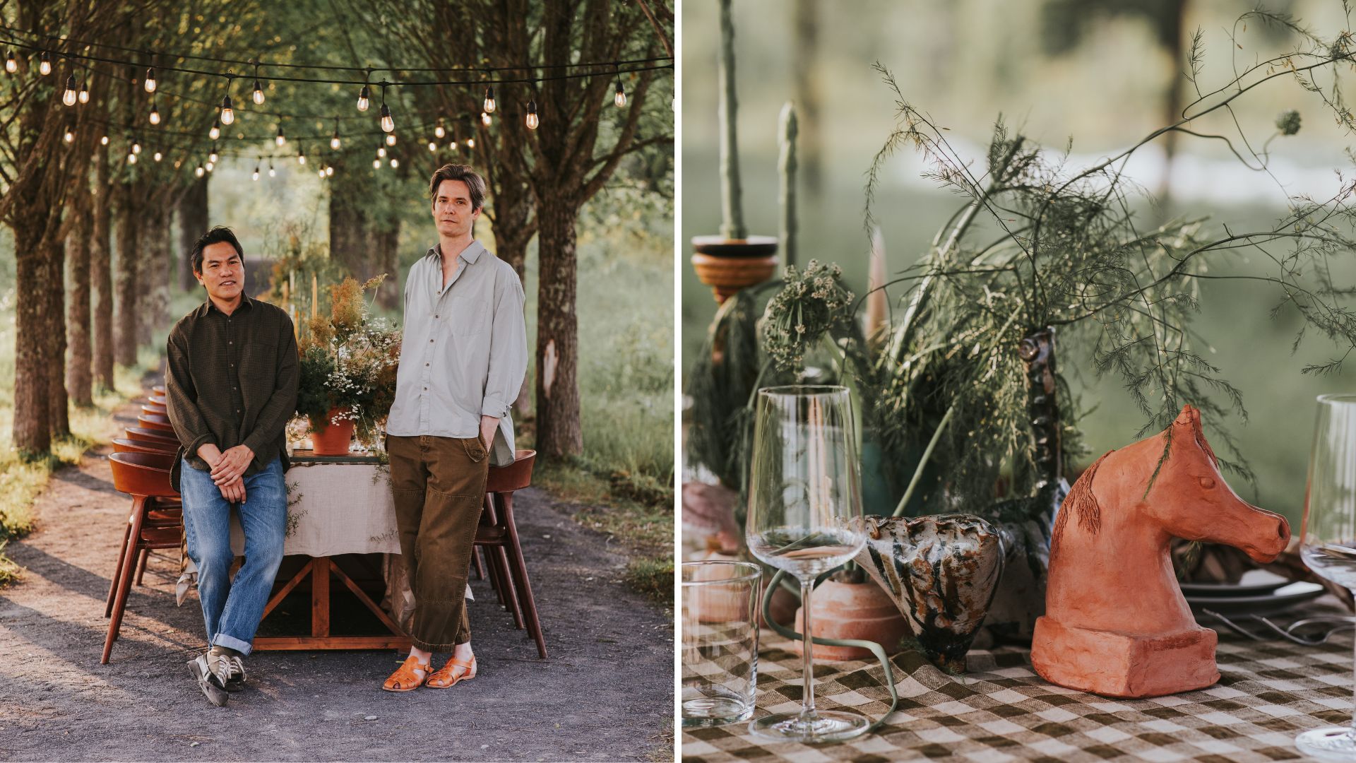 Alan Calpe and Christopher Crawford from Gardenheir with a long table outdoors on the left; a close up of detail on a table with a gingham tablecloth, candles and vintage pieces on the right