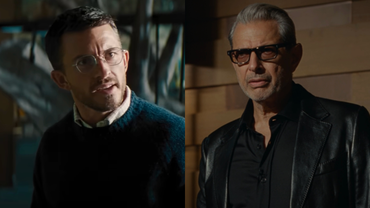 Jonathan Bailey looks ahead with concern in Jurassic World Rebirth, pictured next to Jeff Goldblum giving an impassioned speech in Jurassic World Dominion.
