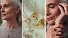 2 model shots and 1 flat lay image of Alex Monroe jewellery