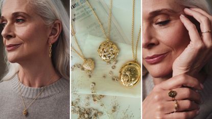 2 model shots and 1 flat lay image of Alex Monroe jewellery 