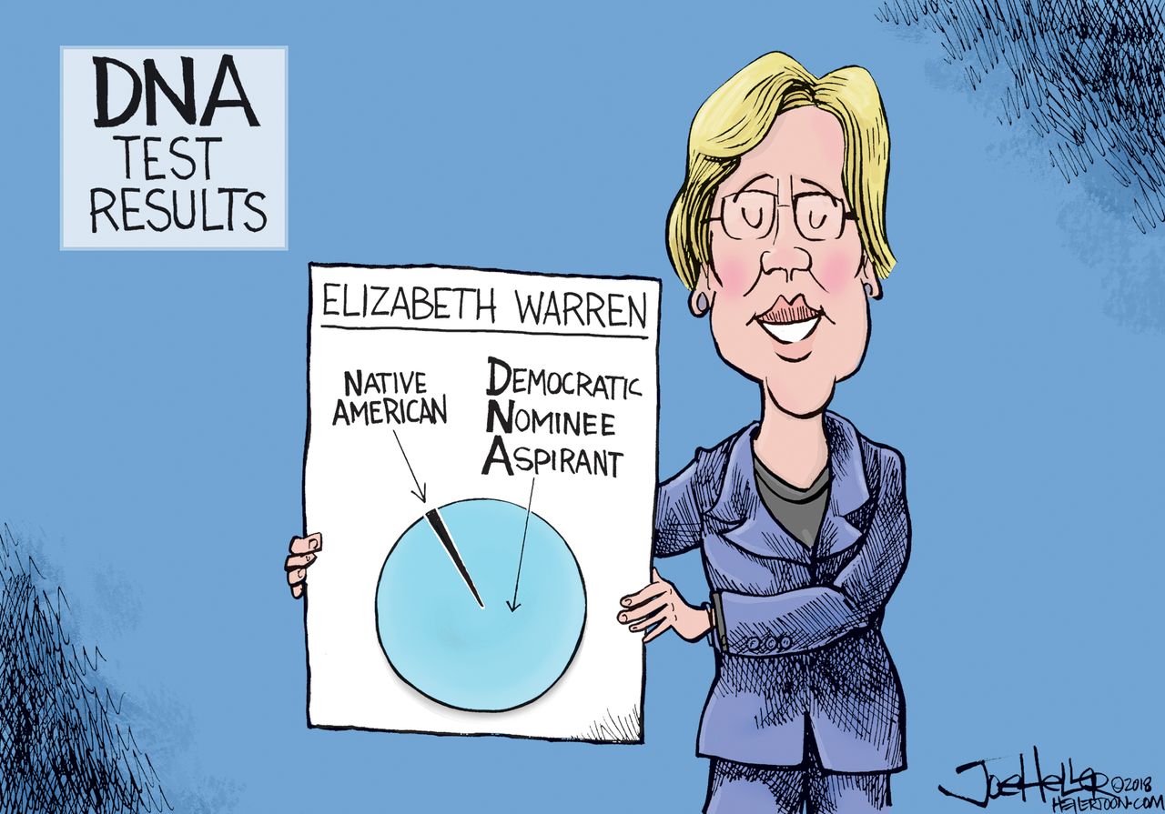 Political cartoon U.S. Senator Elizabeth Warren DNA test Native American Democratic nominee aspirant