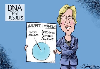 Political cartoon U.S. Senator Elizabeth Warren DNA test Native American Democratic nominee aspirant