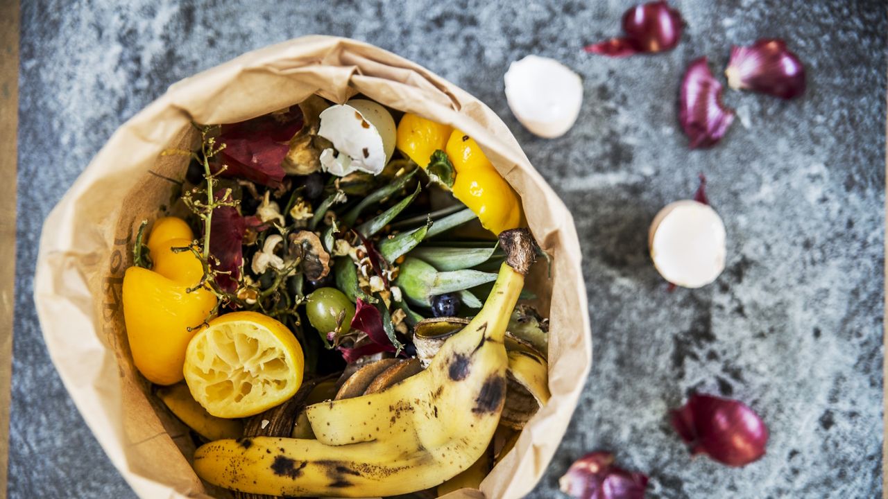 Fruit and vegetable scraps on grey table