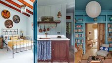 light blue bedroom, light blue kitchen, mid-blue living room