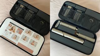 Two images showing a bird's eye view of the Shark FlexStyle when first unboxed, in its presentation case with the attachments. In both images the brush attachments can be seen in the top half of the case. The left image shows an instruction sheet in the lower half of the case, while the right image shows the main FlexStyle styler and the curling barrels in the lower half of the case