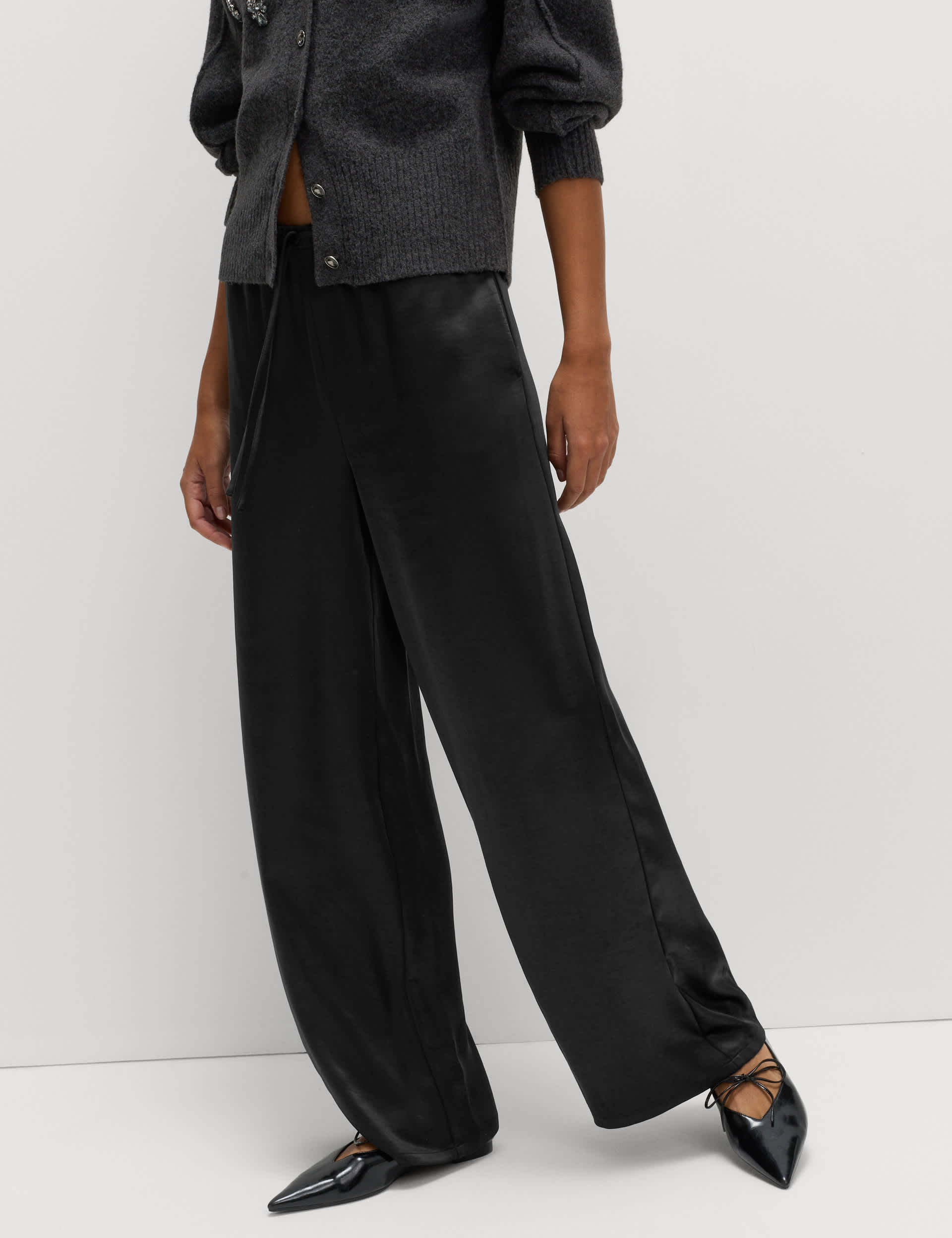 Satin Drawstring Wide Leg Trousers