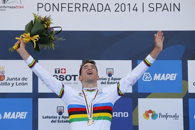 Sven Erik Bystrom (Norway) celebrates under-23 Worlds victory