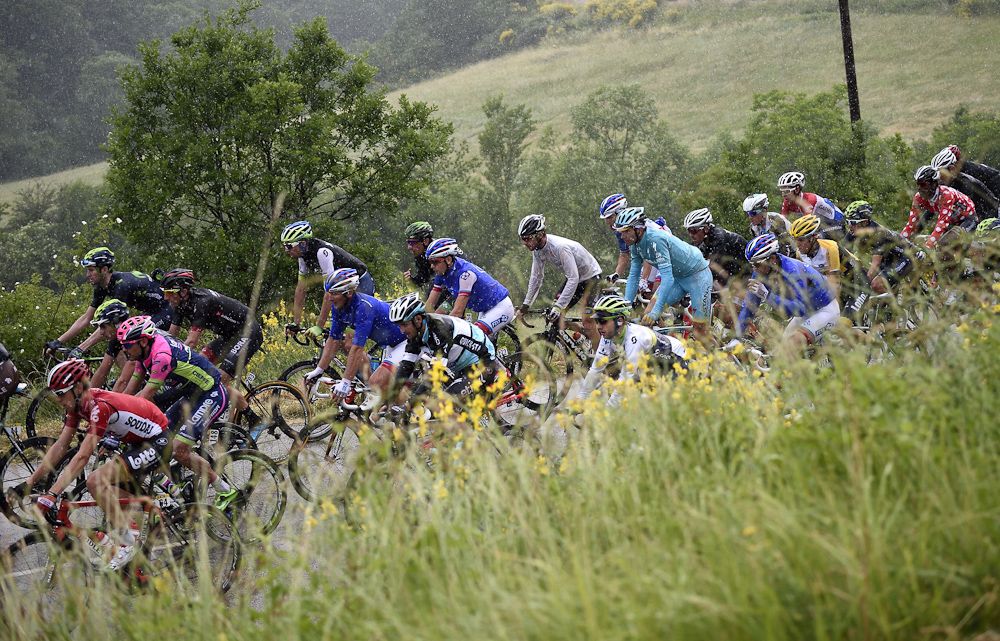 The peloton rolls through the French countryside during stage 4.