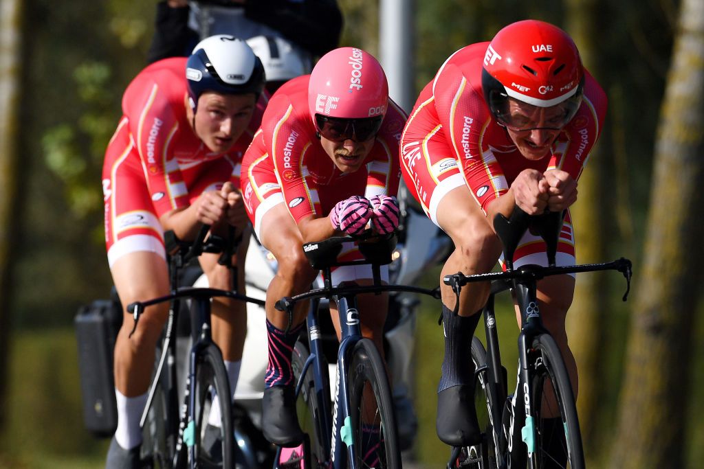 BRUGES BELGIUM SEPTEMBER 22 Magnus Cort Nielsen of Denmark sprints during the 94th UCI Road World Championships 2021 Team Time Trial Mixed Relay a 445km race from KnokkeHeist to Bruges flanders2021 TT on September 22 2021 in Bruges Belgium Photo by Tim de WaeleGetty Images