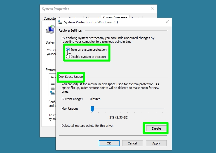 how to use system restore in Windows 10 - turn on system protection