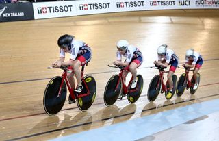 The GB Womens team pursuit at the New Zealand World Cup track event in 2015