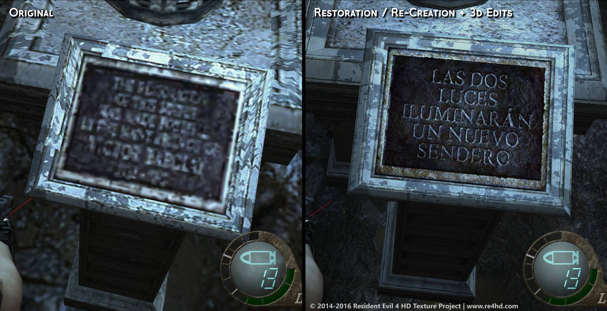 A comparison image of a plaque in Resident Evil 4 HD Project