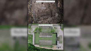 The image at top shows one of the ballcourt carvings, its edges have been highlighted in the photo to make it easier to see. The image below shows a ballcourt at the site of Monte Alban, it is of a similar design to the carved ballcourt.