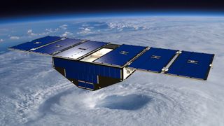 An artist's illustration of one of eight Cyclone Global Navigation Satellite System (CYGNSS) satellites in orbit as part of a novel hurricane-tracking mission by NASA.