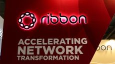 Ribbon Communications logo and branding pictured at the company's vendor stall at Mobile World Congress (MWC) 2023.