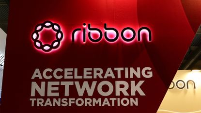 Ribbon Communications logo and branding pictured at the company's vendor stall at Mobile World Congress (MWC) 2023.