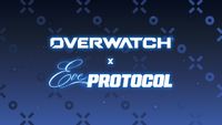 Glowing white “OVERWATCH” and script “Eve Protocol” logos are centered on a deep blue, geometric sci-fi background, creating a sleek game-promo feel.