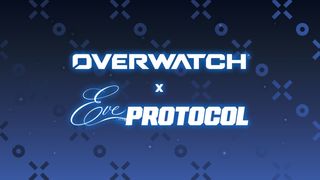 Glowing white “OVERWATCH” and script “Eve Protocol” logos are centered on a deep blue, geometric sci-fi background, creating a sleek game-promo feel.
