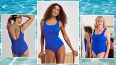 Models and julie player wearing bright blue magisculpt swimsuit