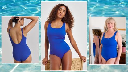 Models and julie player wearing bright blue magisculpt swimsuit