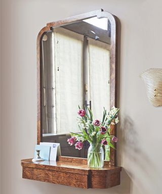 wall mirror in patterned wood with inbuilt shelf