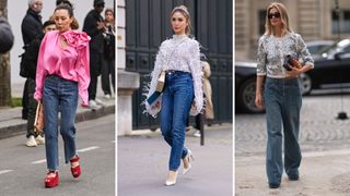 A composite of three street style influencers wearing Christmas party outfits - jeans and a nice top