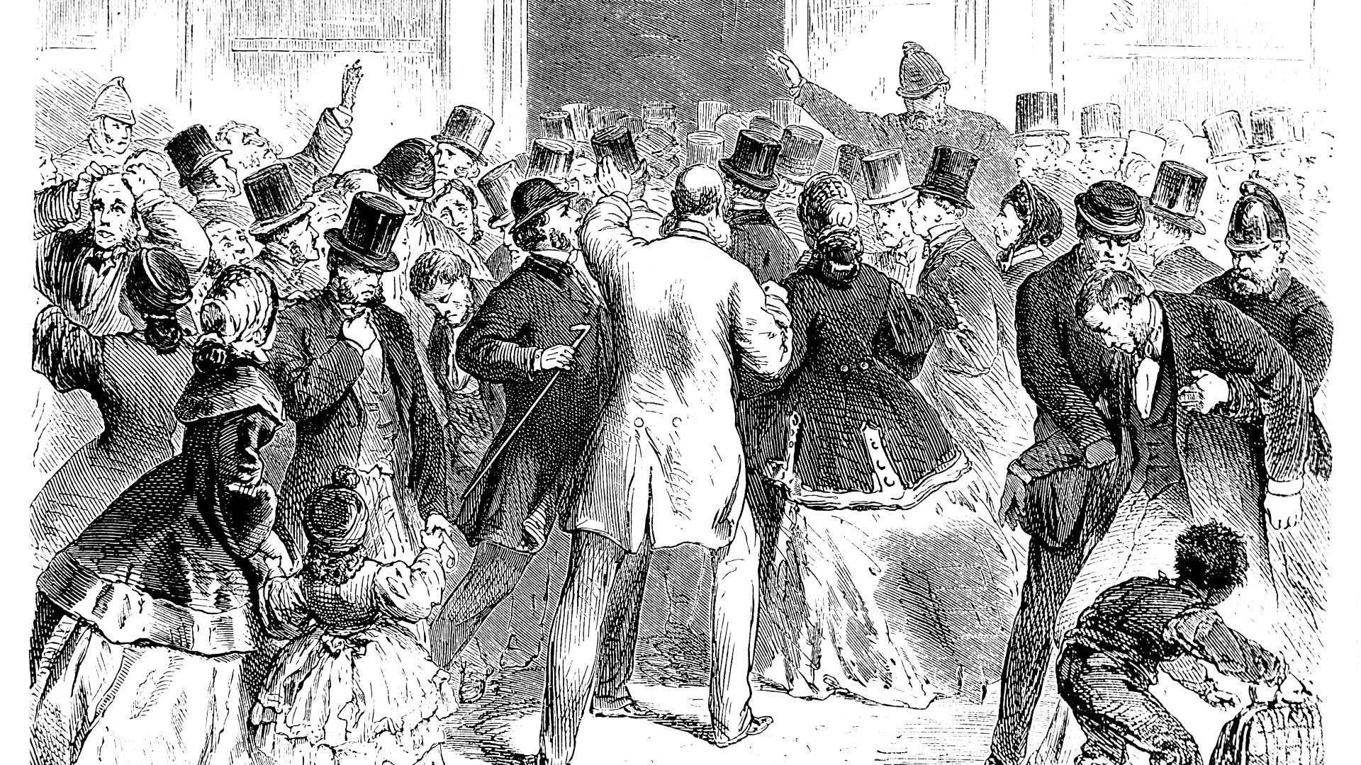 Illustration showing the chaos outside the London bank Overend, Gurney and Company