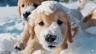 A still from an AI-generated video showing three puppies playing in snow.