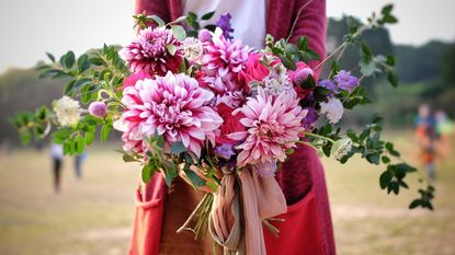 Woman holding bouquet of pink flowers