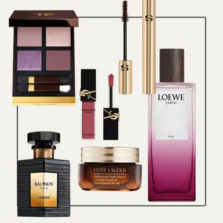 a collage of luxury autumn beauty products