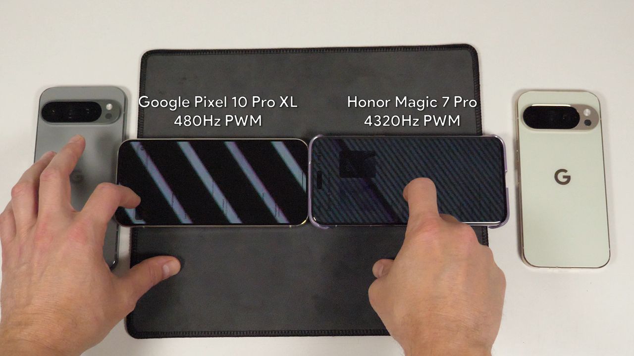 Comparing the PWM rate of a Google Pixel 10 Pro XL with the sensitive eyes dimming feature enabled to the Honor Magic 7 Pro