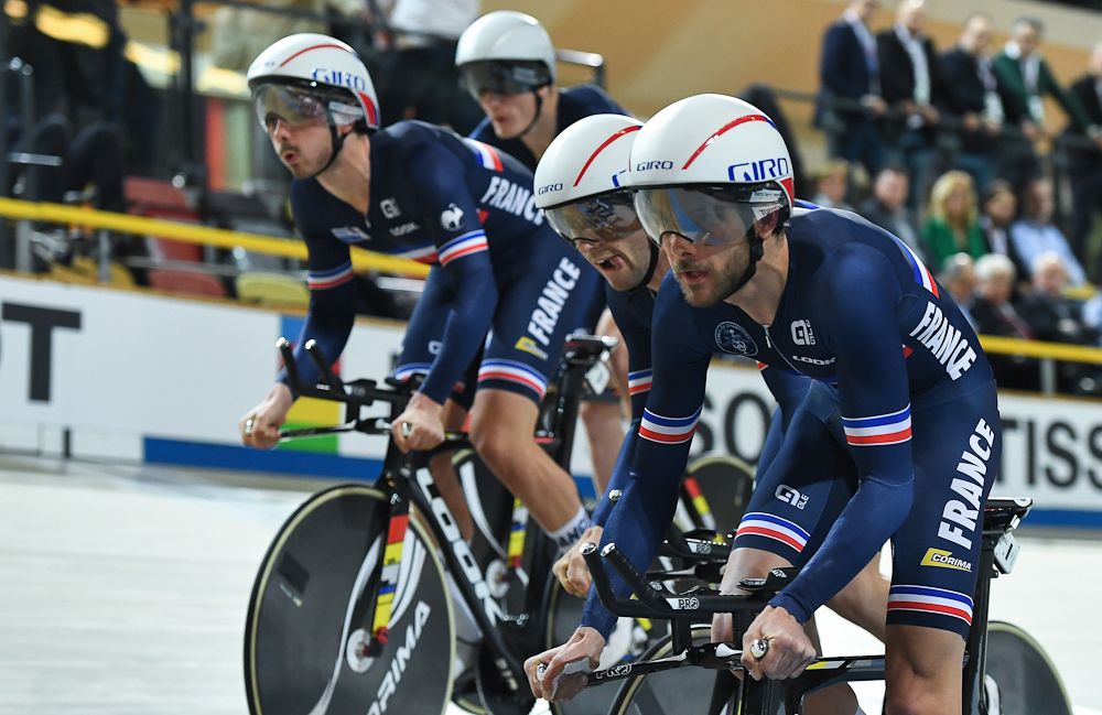 France's men's Team Pursuit squad take part in the qualifying round of the UCI Track Cycling World Championships in Apeldoorn