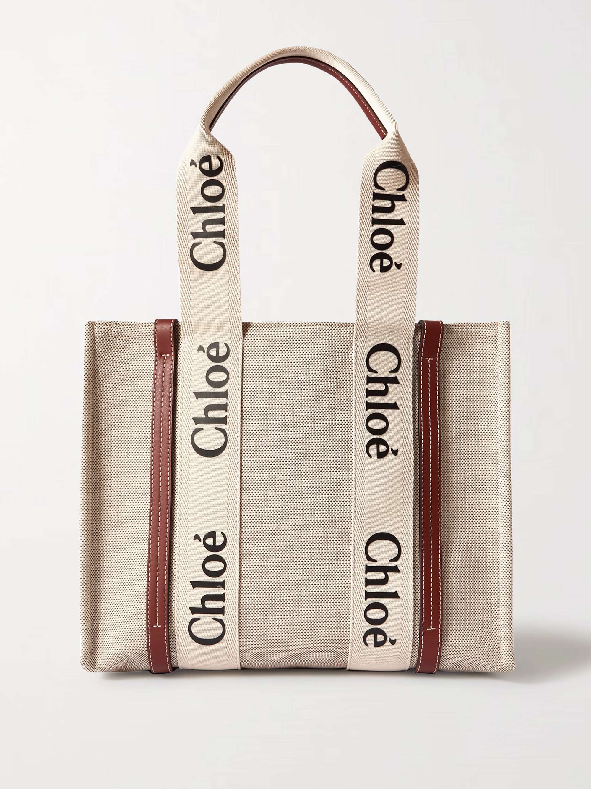 Woody Medium Leather and Webbing-Trimmed Linen Tote