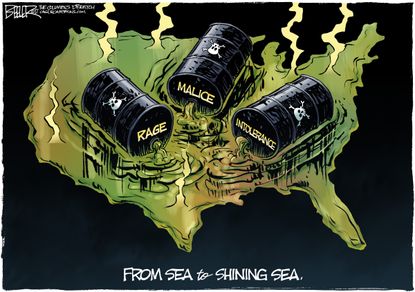 Political cartoon U.S. America intolerance pollution hate