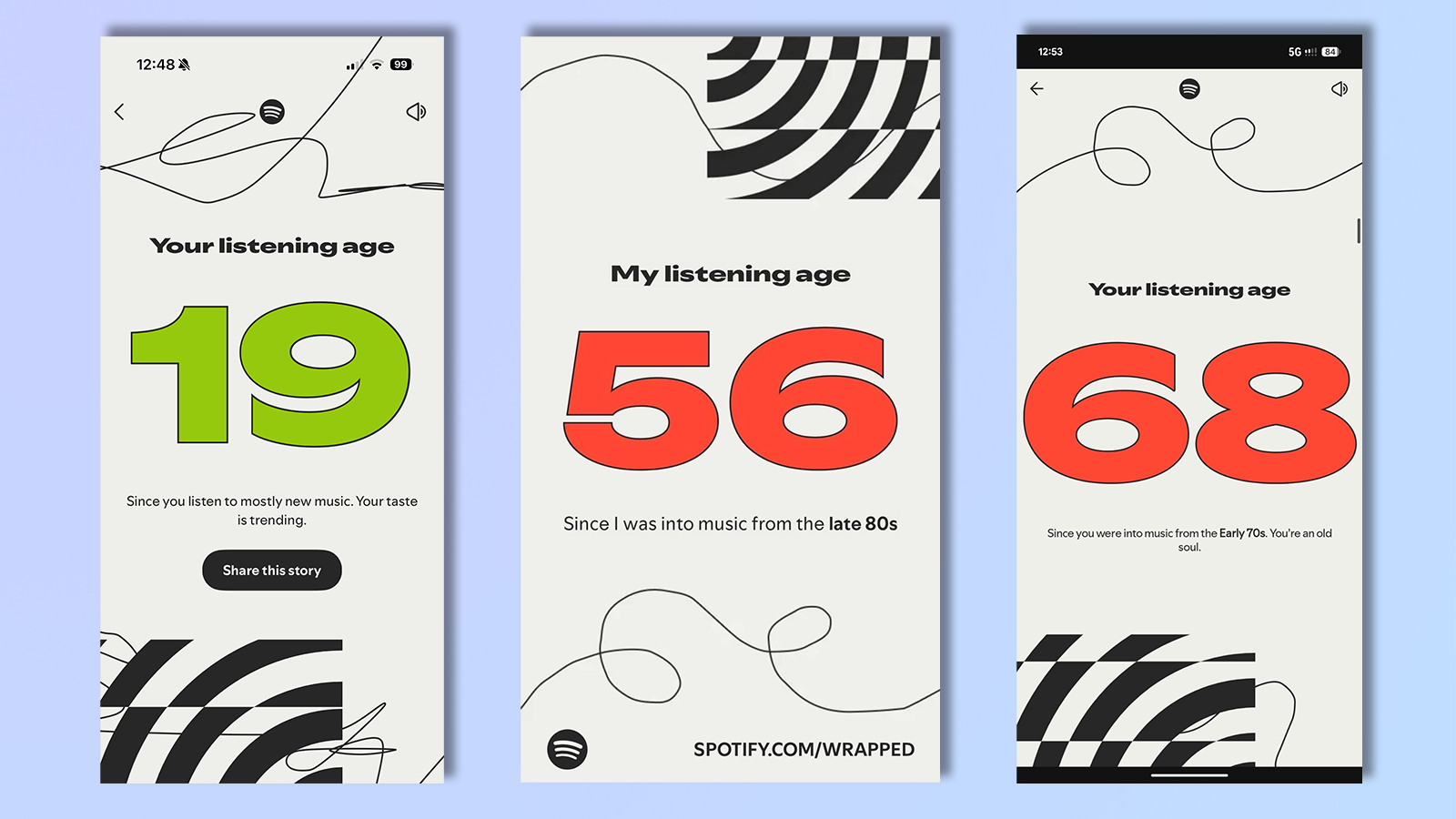 three screenshots from the spotify wrapped listening age