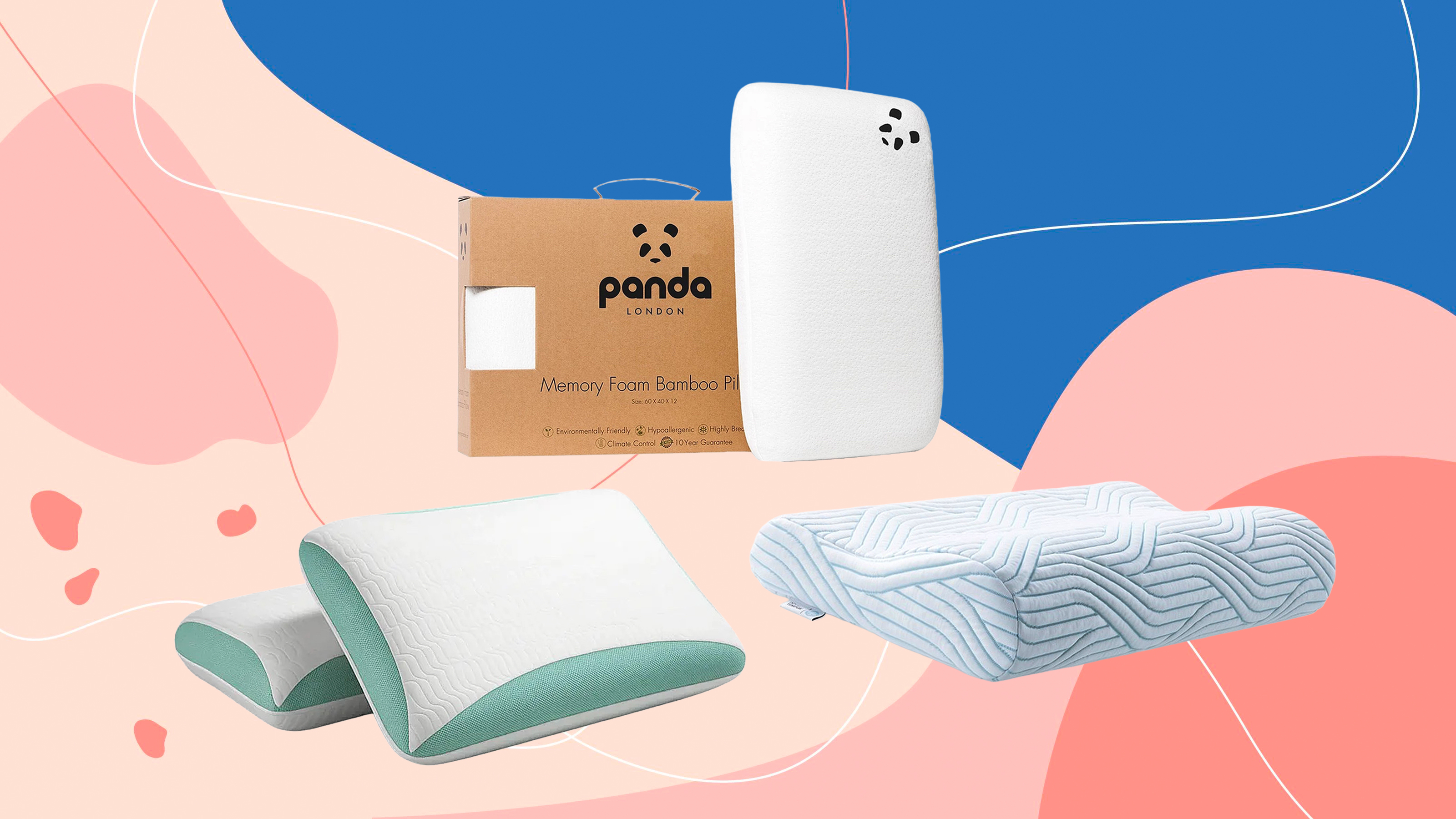 Three of the best memory pillows we've tested at Ideal Home on a pink and blue background