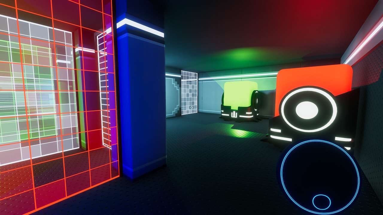 The Spectrum Retreat - The player looks at a hallway with a red laser gate to their left and two large, glowing green and red blocks to their right while holding a device with a blank screen.