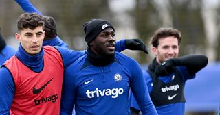 Chelsea stars Kai Havertz and Kalidou Koulibaly during a training session at Chelsea Training Ground on February 24, 2023 in Cobham, England.