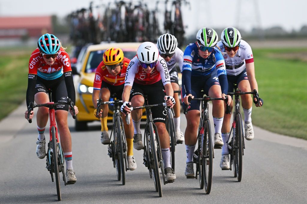ZEEWOLDE NETHERLANDS OCTOBER 10 LR Valentine Fortin of France and Cofidis Women Team Maud Rijnbeek of The Netherlands and Marthe Goossens of Belgium and AG Insurance Soudal Team White best young jersey compete during the 26th Simac Ladies Tour 2024 Stage 3 a 1484km stage from Zeewolde to Zeewolde UCIWWT on October 10 2024 in Zeewolde Netherlands Photo by Luc ClaessenGetty Images