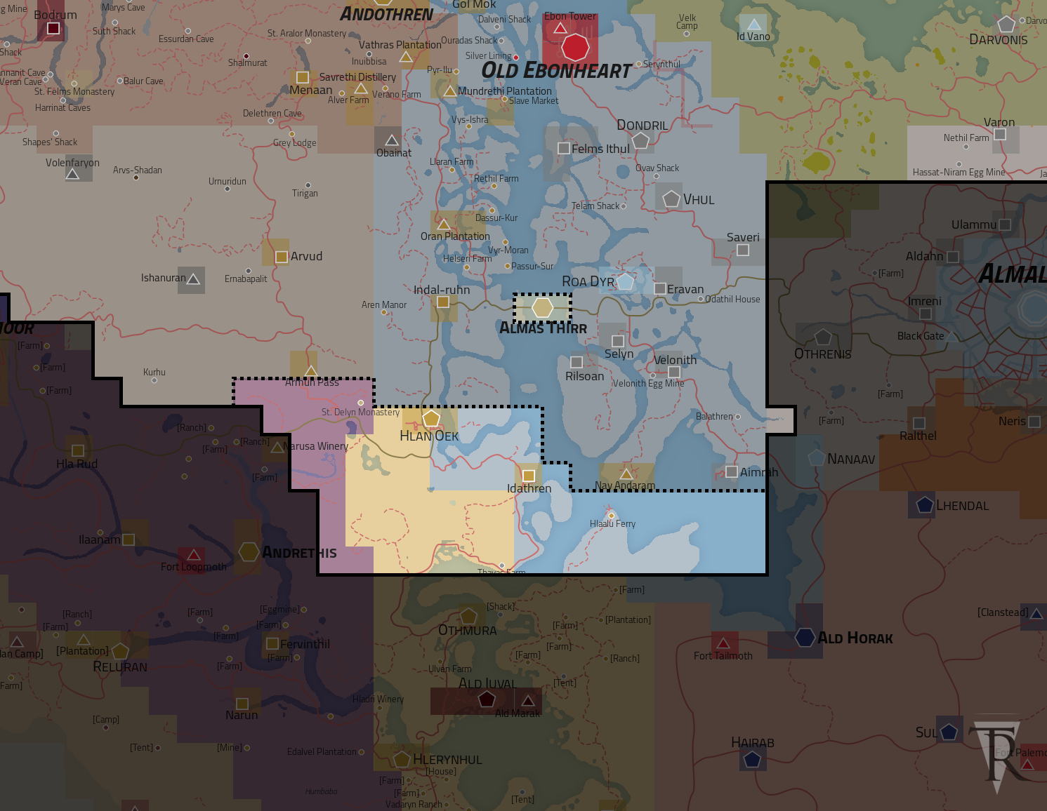 A map showing the area covered by Tamriel Rebuilt's Andaram expansion.