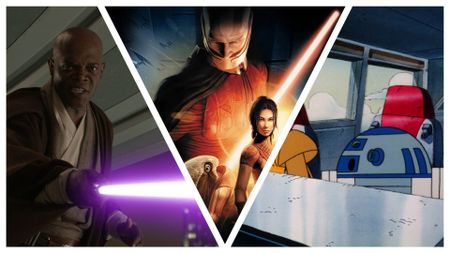 Three images sliced together of star wars including Mace Windu, The Kotor cover and a shot from Star Wars droids