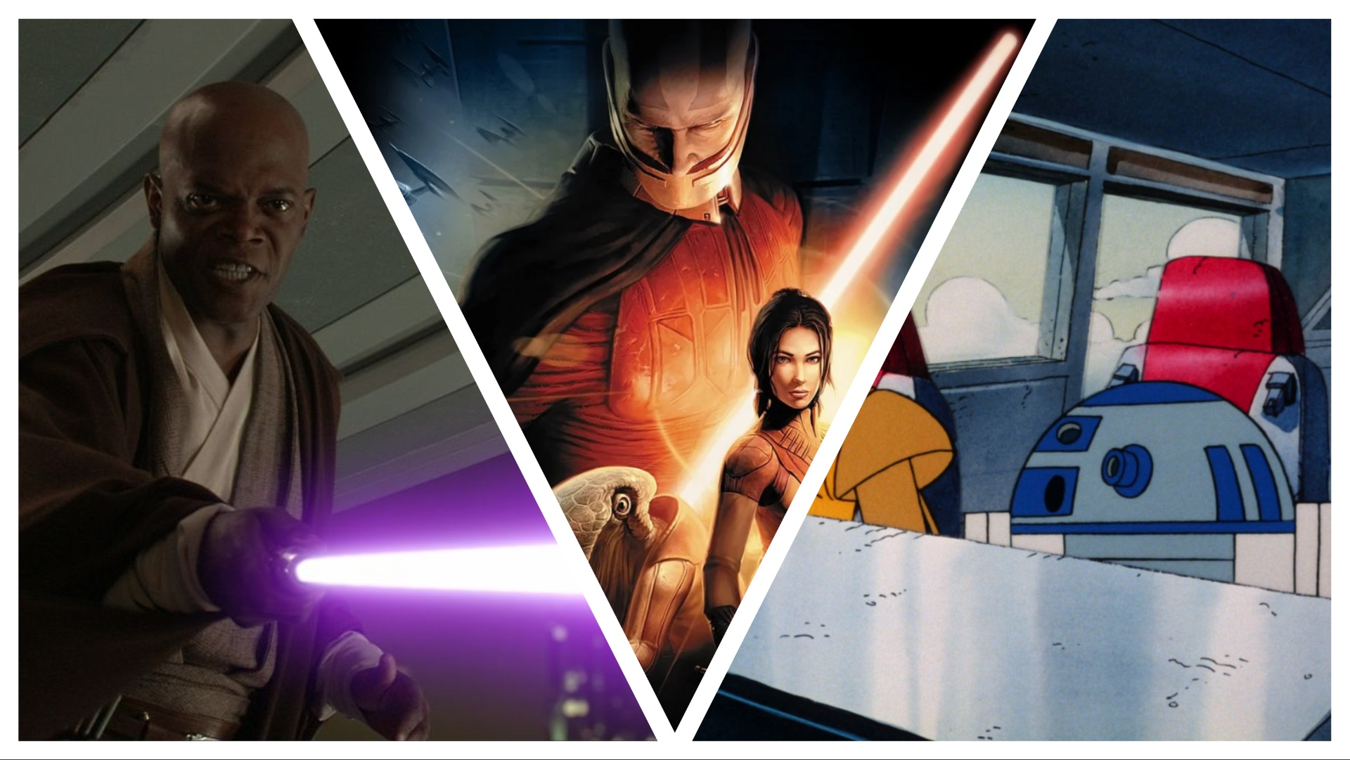 Three images sliced together of star wars including Mace Windu, The Kotor cover and a shot from Star Wars droids 