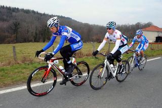 Nikolas Maes (Quick Step) leads Jurgen Roelandts (Omega Pharma-Lotto) and Yann Huguet (Skil-Shimano) in the breakaway