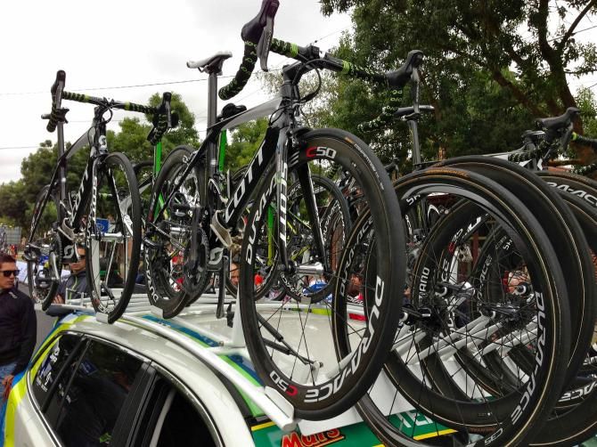 The Orica GreenEdge Suburu was loaded up for the men's road race