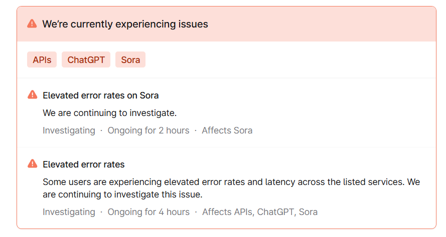 Page d'état OpenAI affichant les mises à jour SORA