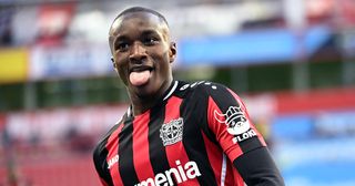 Arsenal target Moussa Diaby celebrates a goal during the German first division Bundesliga football match between Bayer Leverkusen and Arminia Bielefeld in Leverkusen, western Germany on February 26, 2022