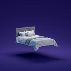 Floating bed on a dark blue gradient background