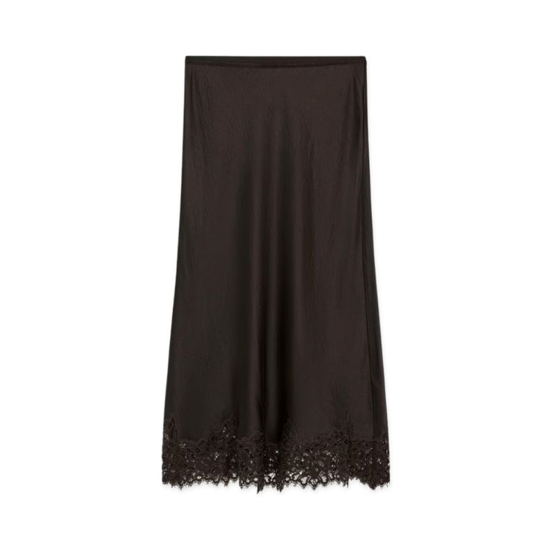 A cut out of a brown lace trimmed slip skirt